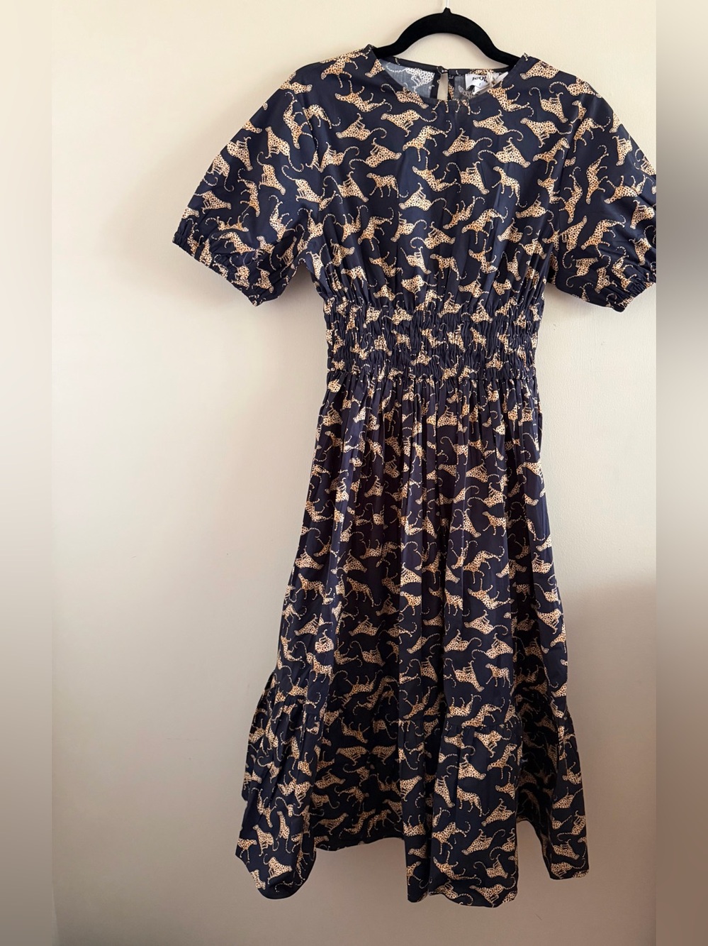 New! Leota Black and Tan Leopard-Print Smocked Midi Dress